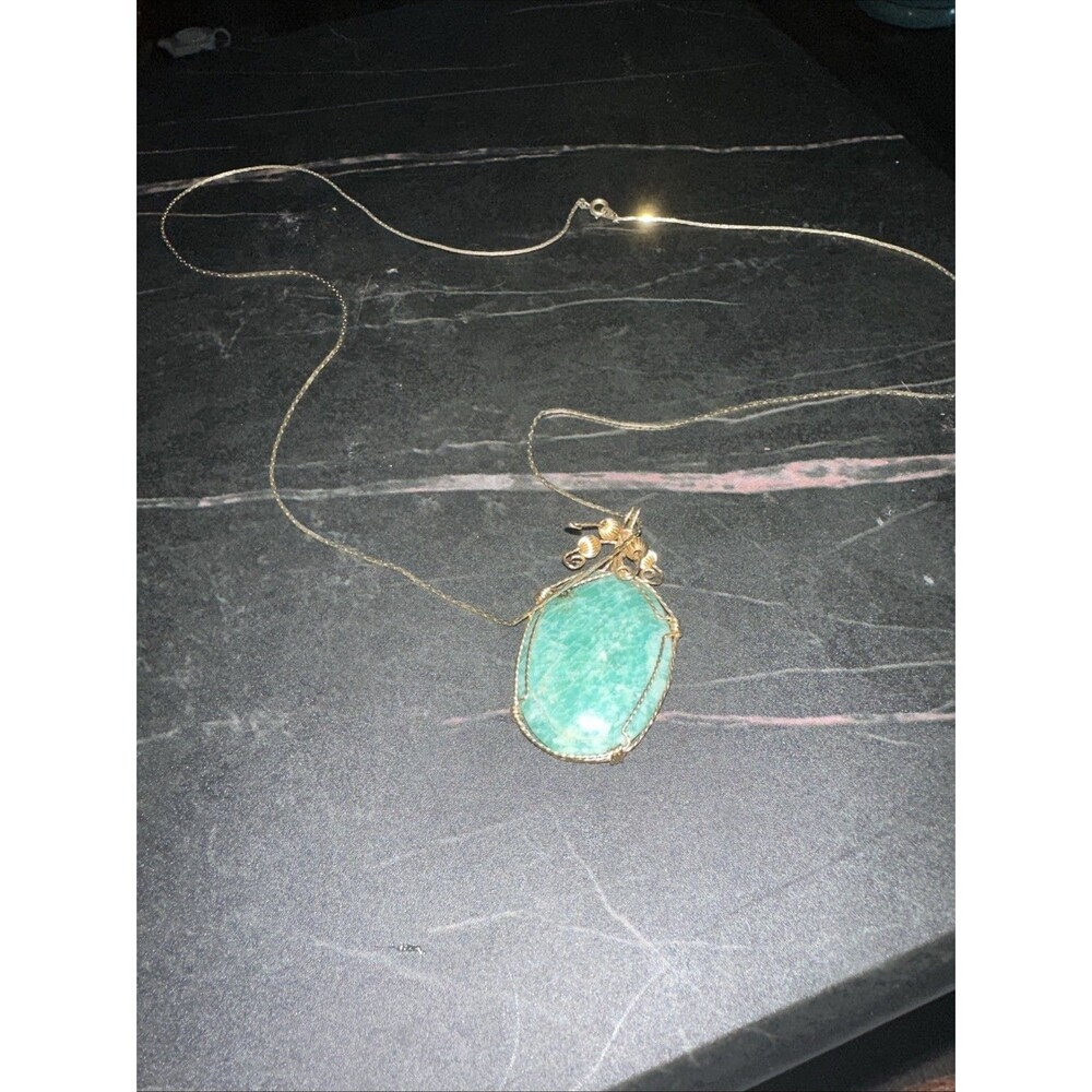 Faux Turquoise Slab Pendant Necklace Blue Gold Tone Chain Bohemian Earthy